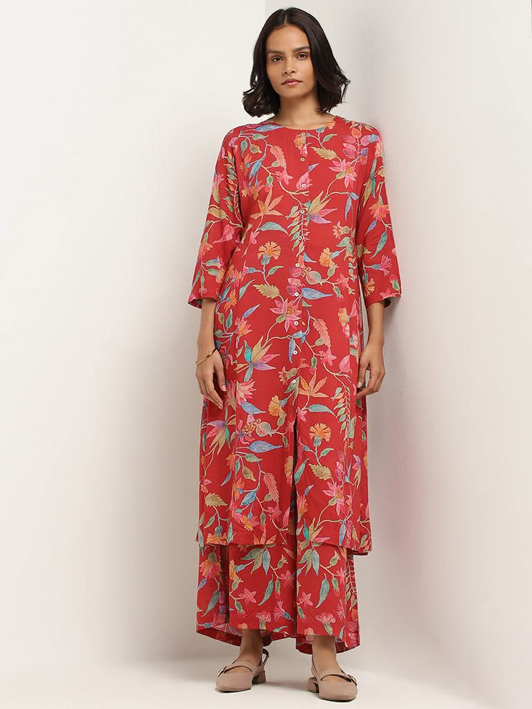 Zuba Red Printed Cotton Kurta