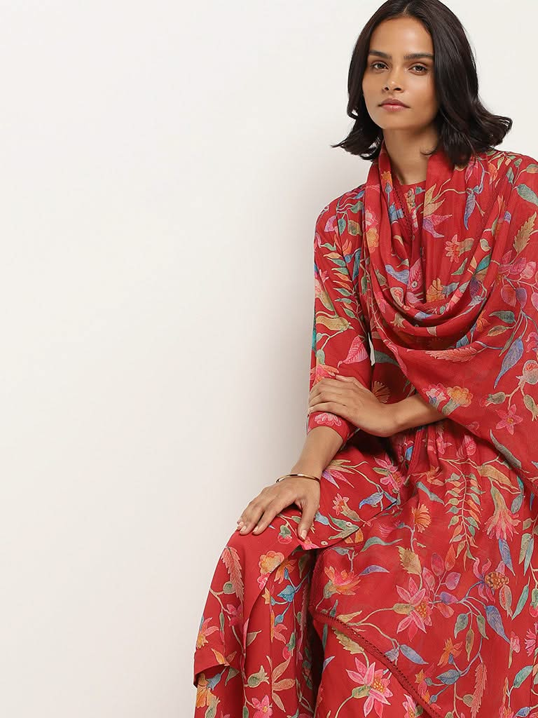 Zuba Red Printed Cotton Kurta