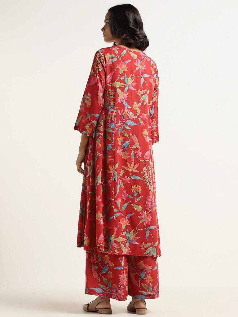 Zuba Red Printed Cotton Kurta