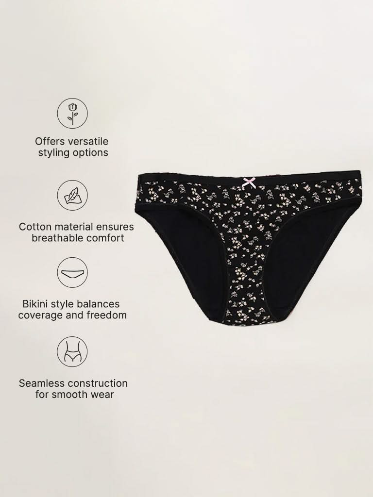 Wunderlove Black Printed Cotton Blend Bikini Briefs - Pack of 3