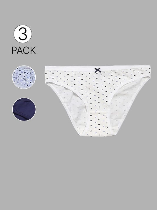 Wunderlove Blue Printed Cotton Blend Bikini Briefs - Pack of 3