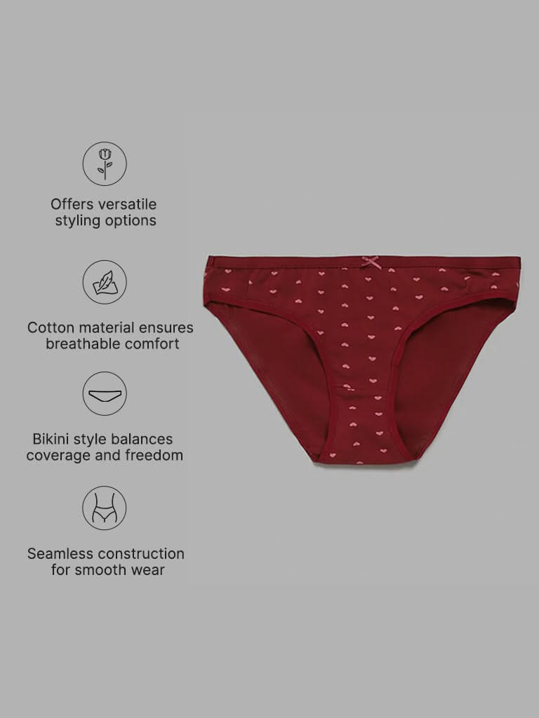 Wunderlove Maroon Printed Bikini Briefs - Pack of 3