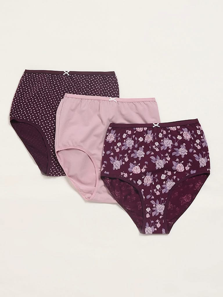 Wunderlove Violet Printed Cotton Blend Briefs - Pack of 3