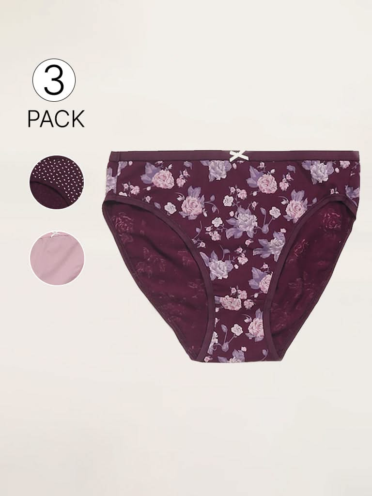 Wunderlove Violet Printed Cotton Blend Full Briefs - Pack of 3