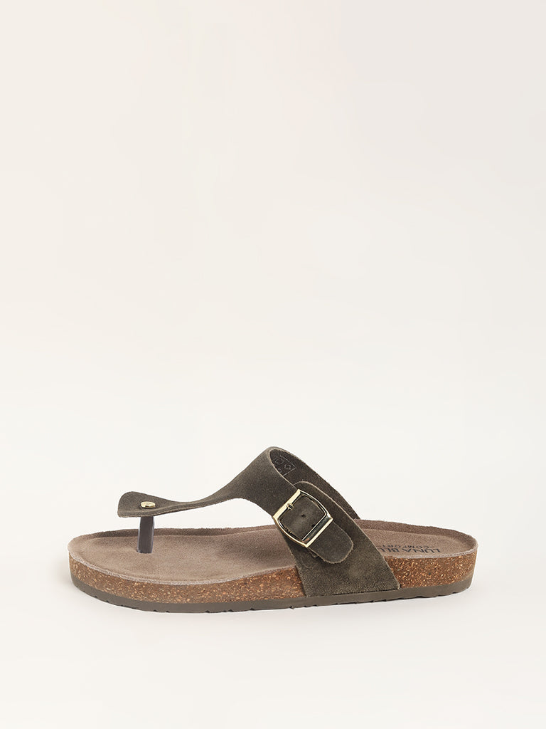 LUNA BLU Olive Suede T-Bar Comfort Sandals