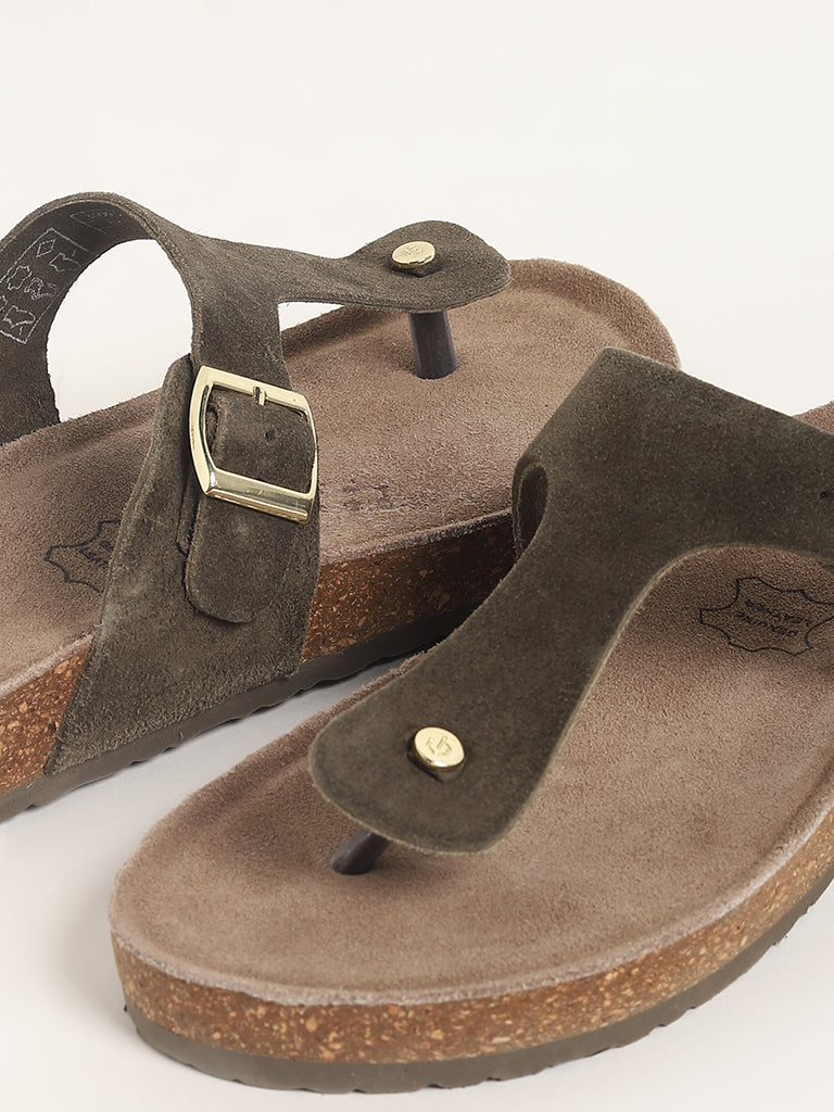 LUNA BLU Olive Suede T-Bar Comfort Sandals