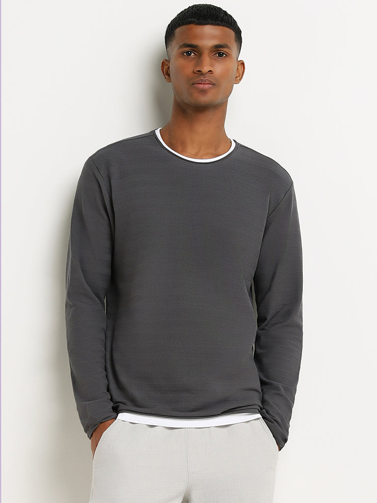 ETA Grey Textured Cotton Slim Fit T-Shirt