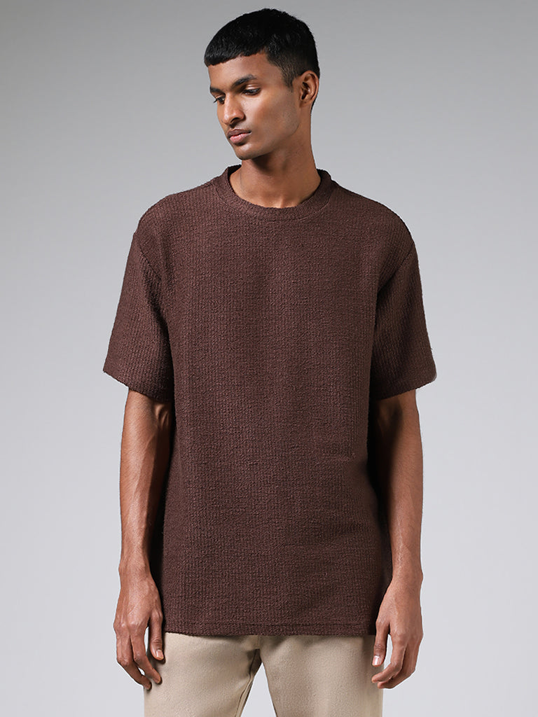 ETA Chocolate Brown Self-Textured Cotton Blend Relaxed Fit T-Shirt