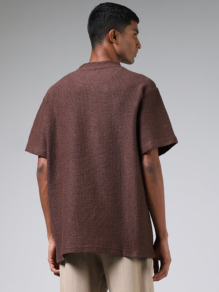 ETA Chocolate Brown Self-Textured Cotton Blend Relaxed Fit T-Shirt