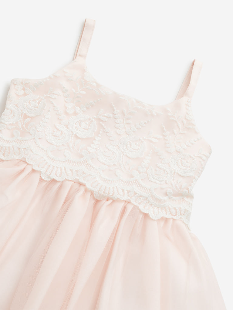 HOP Baby Peach Floral Embroidered A-Line Dress