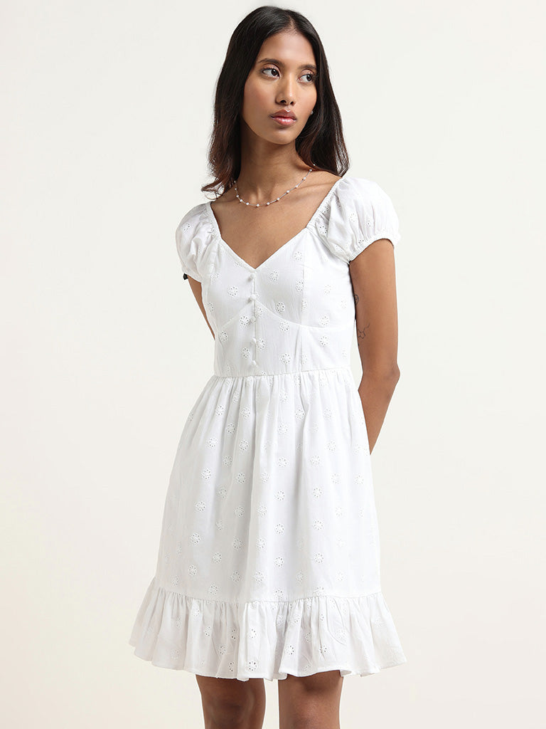 Nuon White Cotton Schiffli Dress