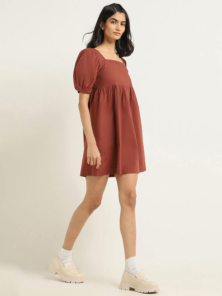 Nuon Brown Cotton Short Dress