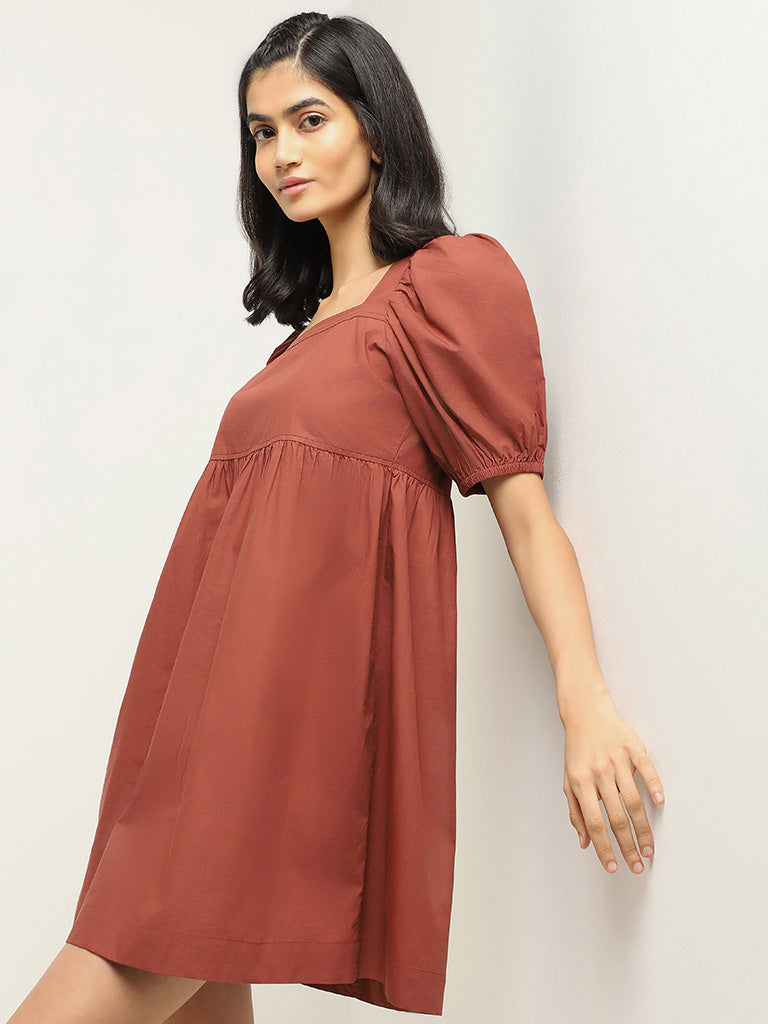 Nuon Brown Cotton Short Dress