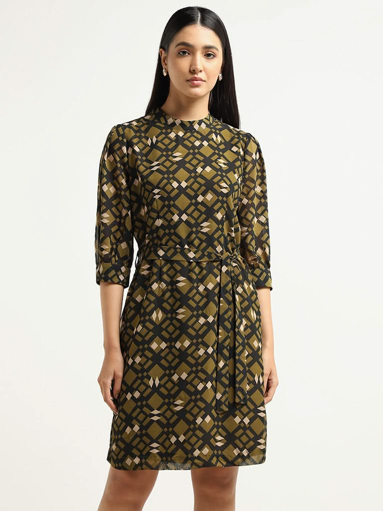 Wardrobe Green Printed Dress with Sash Belt