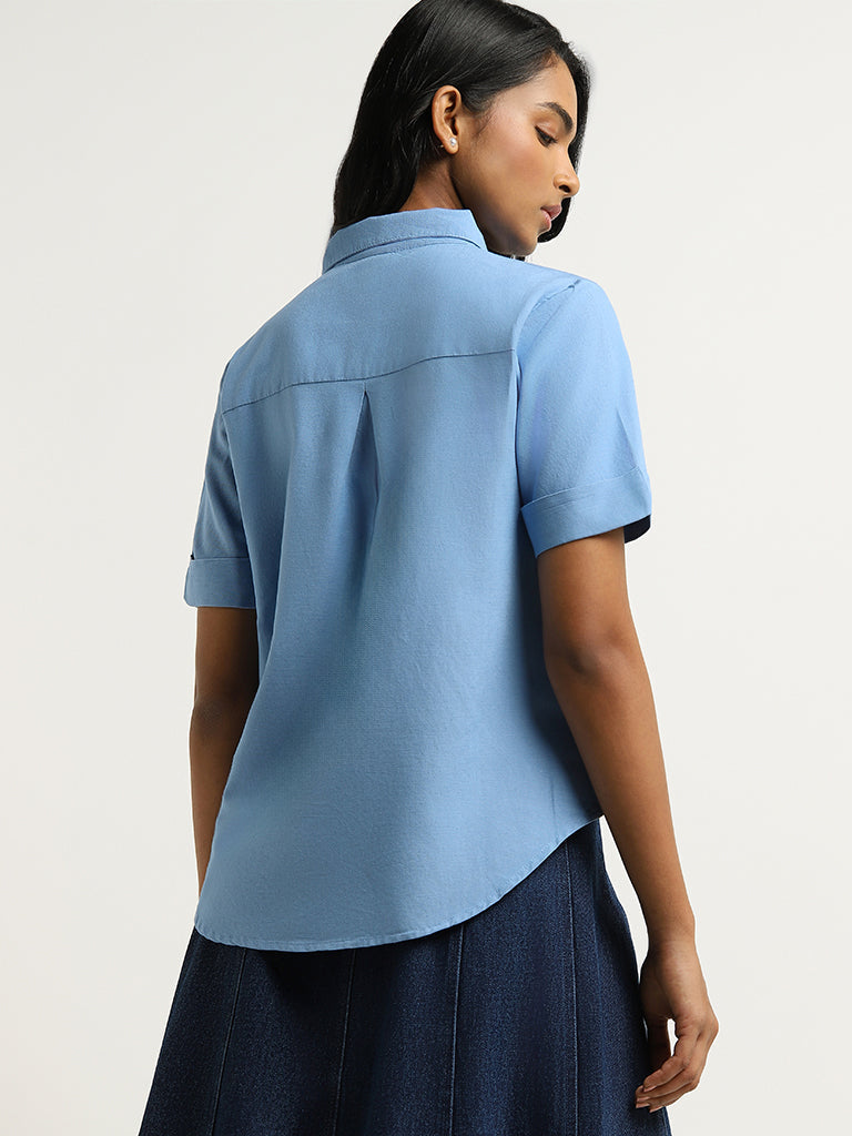 LOV Blue Tie Up Blended Linen Shirt