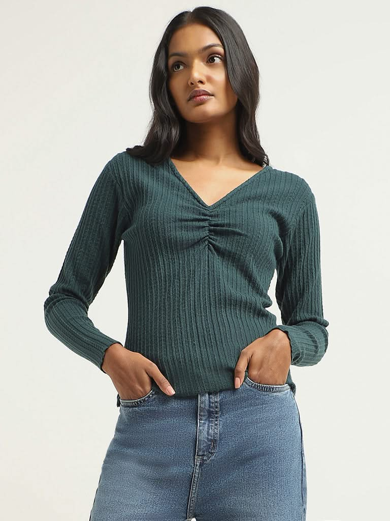 LOV Teal Self-Patterned Top