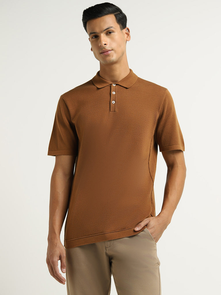 Ascot Brown Cotton Blend Relaxed Fit Polo T-Shirt