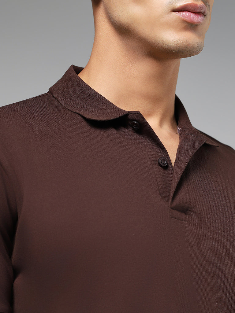 WES Casuals Solid Brown Cotton Blend Slim-Fit Polo T-Shirt