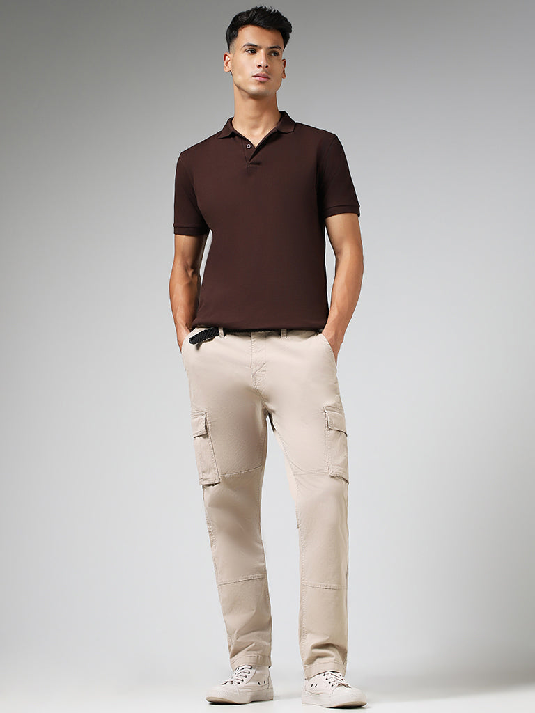 WES Casuals Solid Brown Cotton Blend Slim-Fit Polo T-Shirt