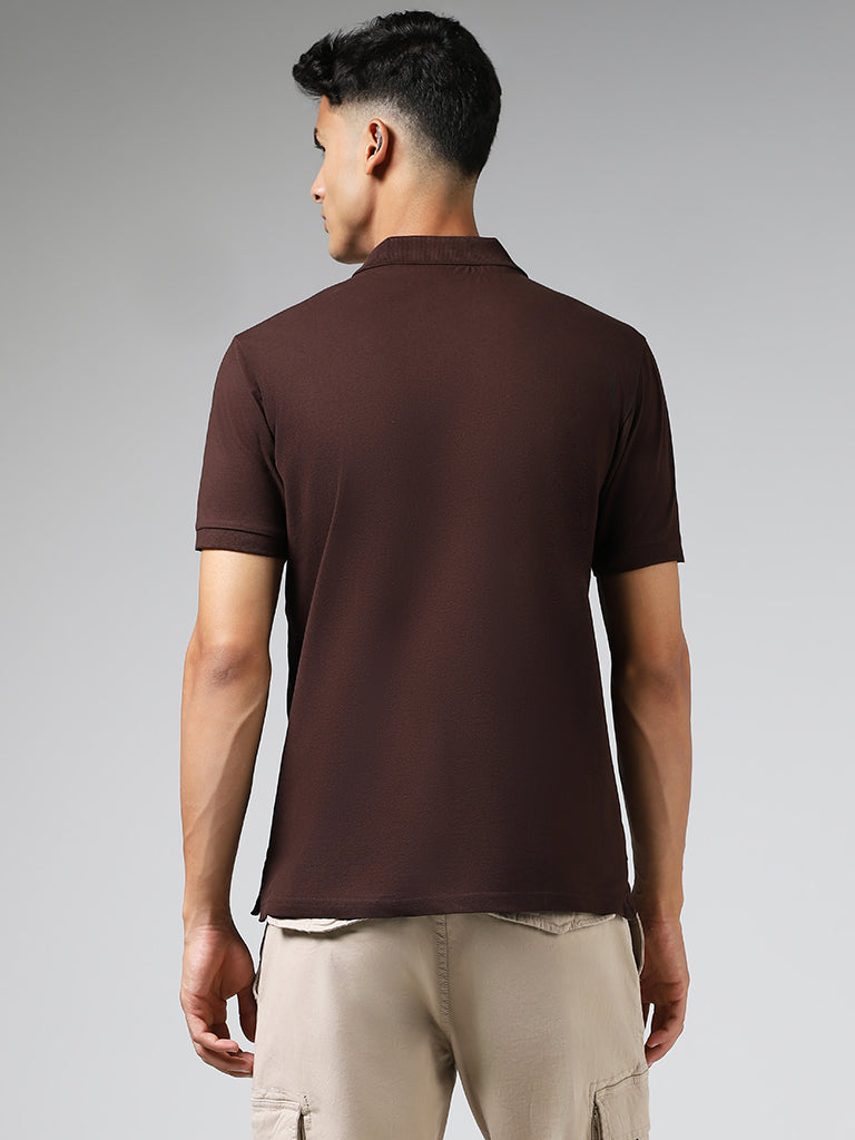 WES Casuals Solid Brown Cotton Blend Slim-Fit Polo T-Shirt