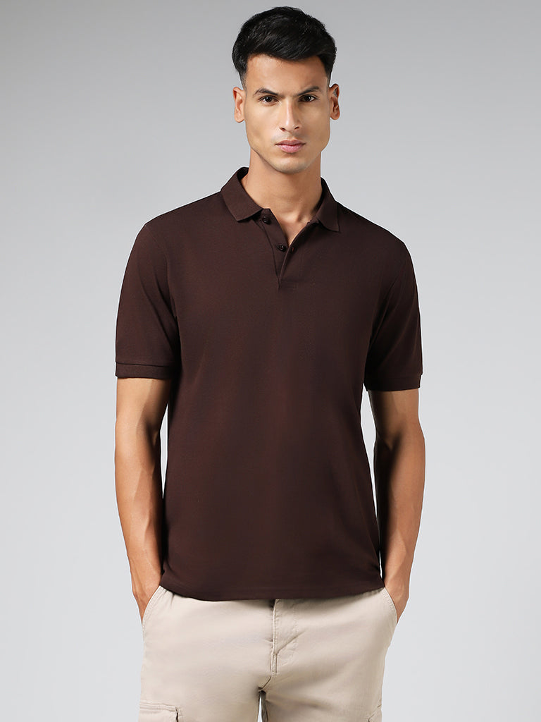 WES Casuals Solid Brown Cotton Blend Relaxed-Fit Polo T-Shirt