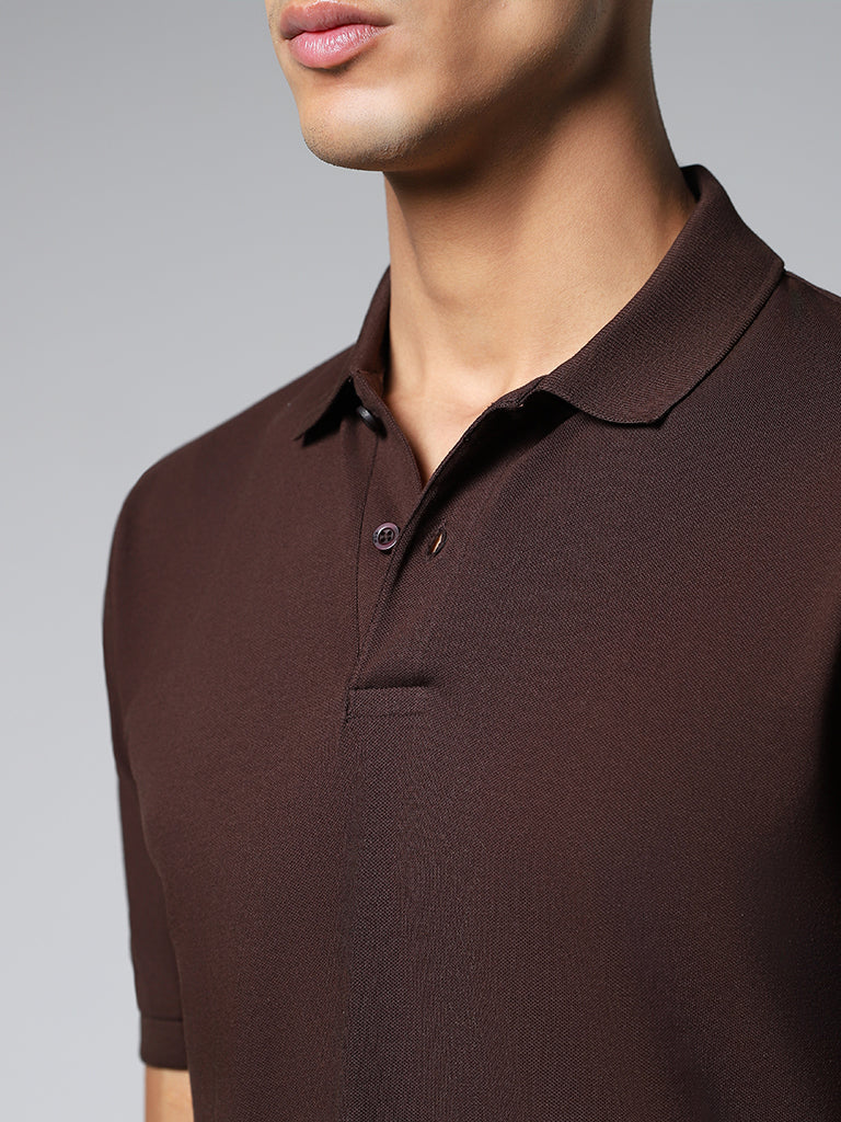 WES Casuals Solid Brown Cotton Blend Relaxed-Fit Polo T-Shirt