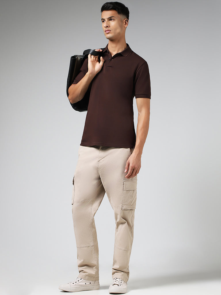 WES Casuals Solid Brown Cotton Blend Relaxed-Fit Polo T-Shirt