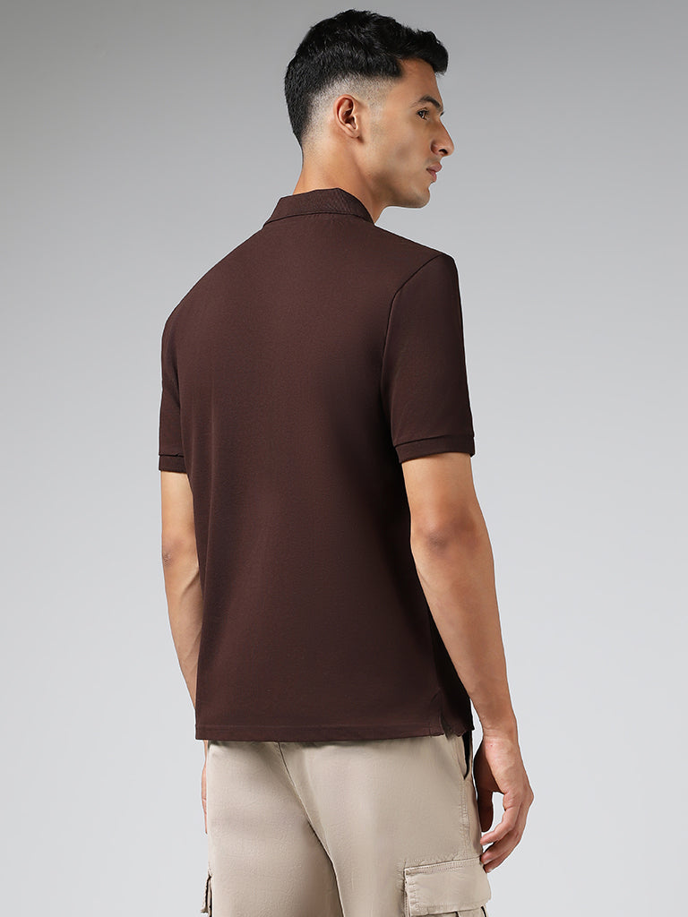 WES Casuals Solid Brown Cotton Blend Relaxed-Fit Polo T-Shirt