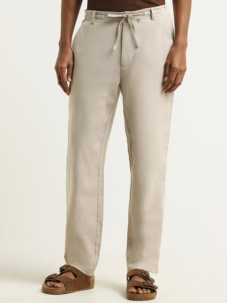 ETA Beige Mid Rise Cotton Blend Relaxed Fit Trousers