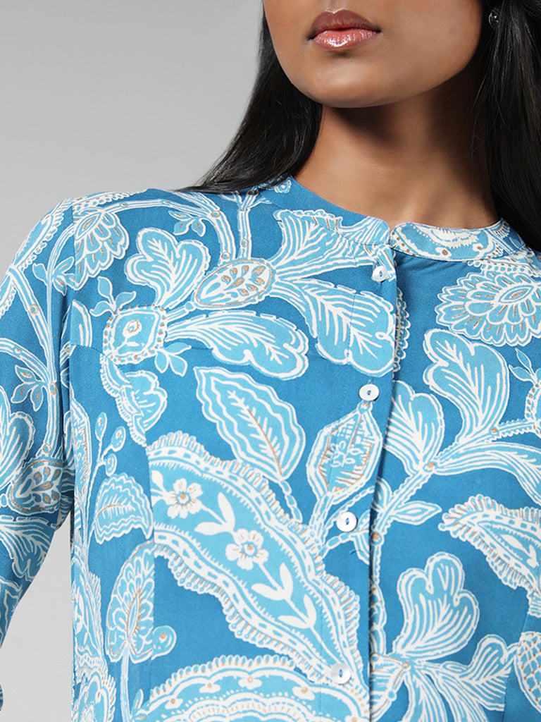 Utsa Blue Floral Printed Buttondown Kurta