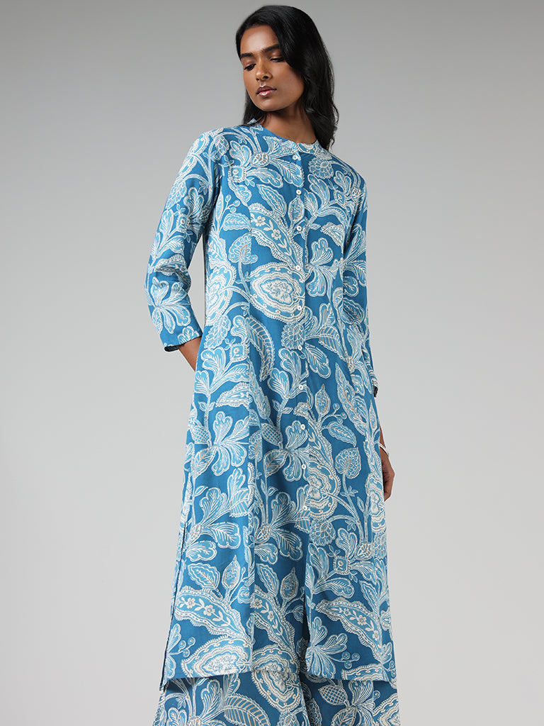 Utsa Blue Floral Printed Buttondown Kurta