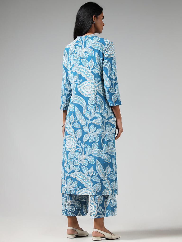 Utsa Blue Floral Printed Buttondown Kurta