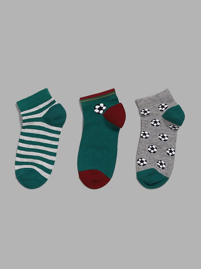 Y&F Kids Green & Grey Football-Themed Socks - Pack of 3