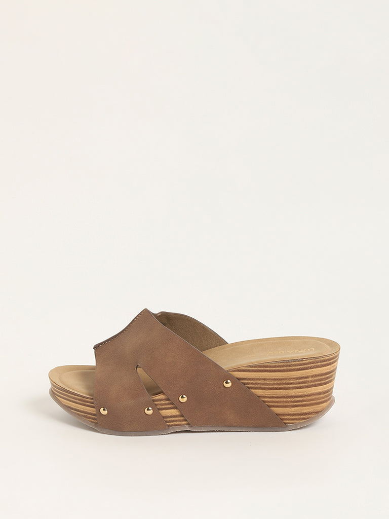 LUNA BLU Brown Broad Band Wedge Sandals