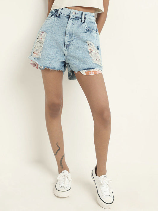 Nuon Mid Blue Ripped Denim Shorts