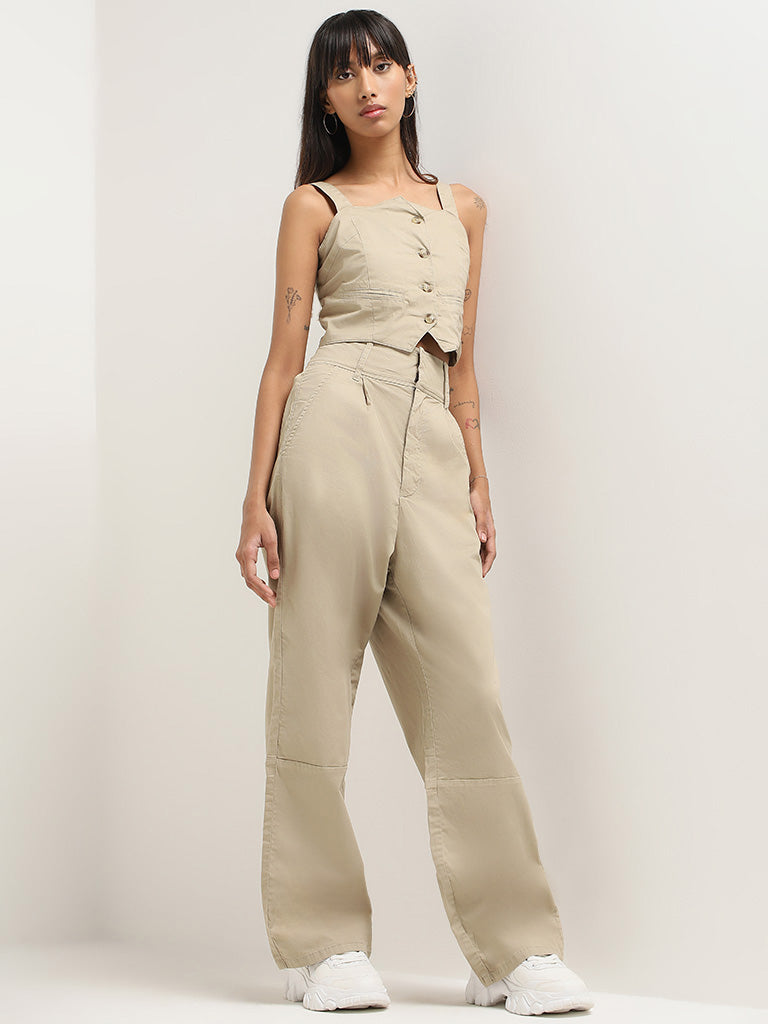 Nuon Plain Beige Cotton Pants