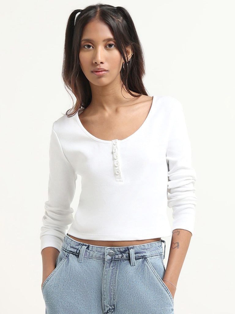 Nuon White Cotton Blend Ribbed Top