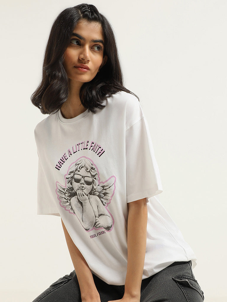 Nuon White Printed Cotton T-Shirt