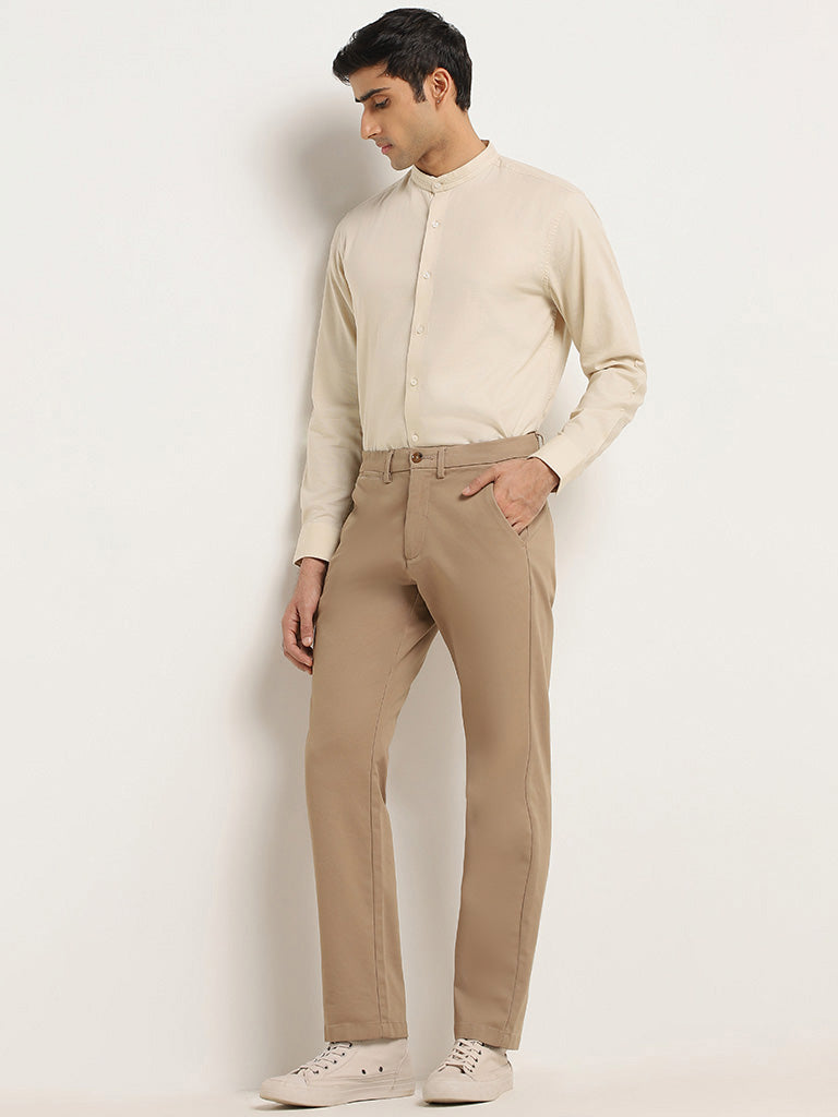 Ascot Beige Solid Cotton Relaxed Fit Shirt