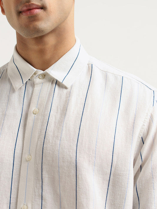 Ascot White Striped Relaxed Fit Blended Linen Shirt