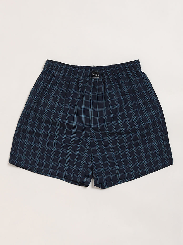 WES Lounge Navy Printed Cotton Boxers - Pack of 2