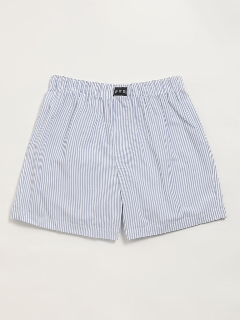 WES Lounge Blue Striped Cotton Boxers - Pack of 2