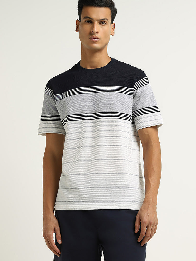 WES Lounge Grey Striped Cotton Blend Relaxed Fit T-Shirt