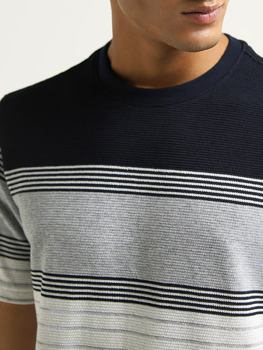 WES Lounge Grey Striped Cotton Blend Relaxed Fit T-Shirt