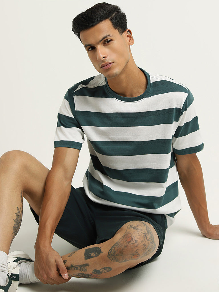 WES Lounge Green Striped Cotton Blend Relaxed Fit T-Shirt