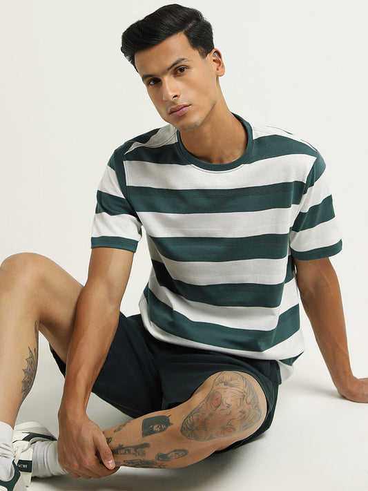 WES Lounge Green Striped Cotton Blend Relaxed Fit T-Shirt