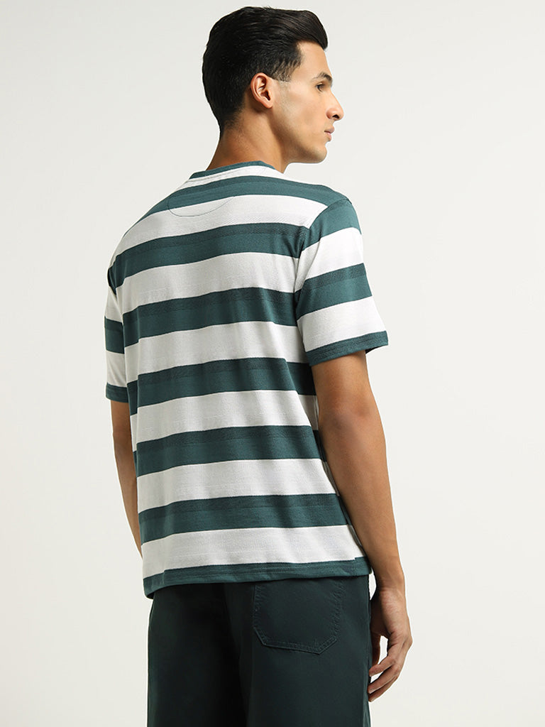 WES Lounge Green Striped Cotton Blend Relaxed Fit T-Shirt