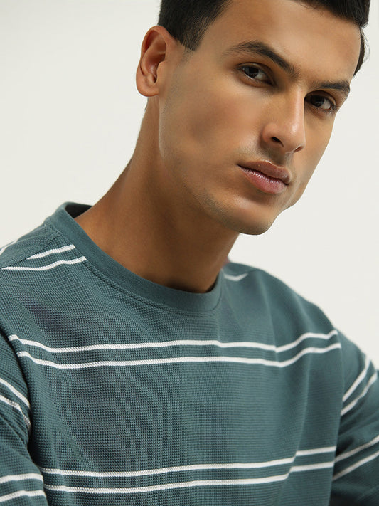 WES Lounge Green Striped Cotton Blend Relaxed Fit T-Shirt