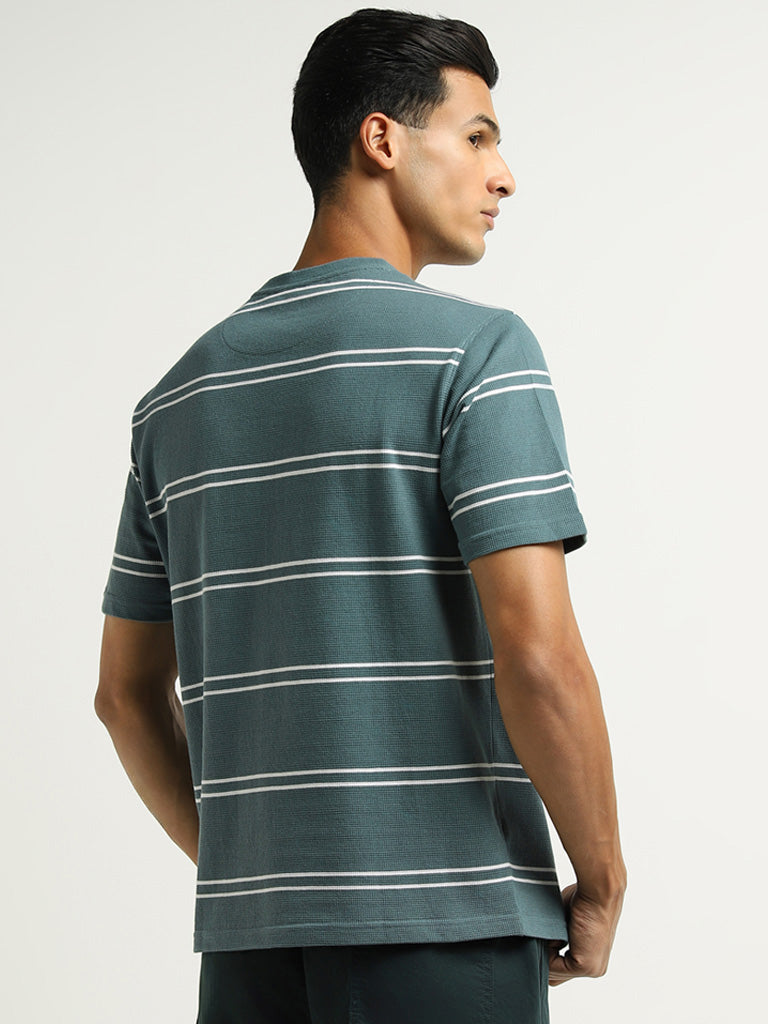 WES Lounge Green Striped Cotton Blend Relaxed Fit T-Shirt