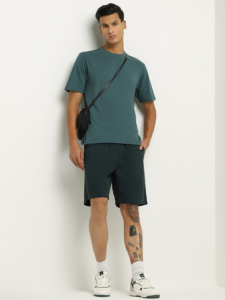 WES Lounge Dark Green Textured Cotton Blend Relaxed Fit T-Shirt